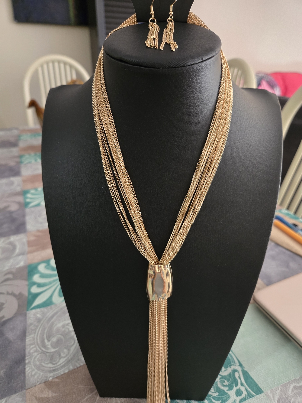 Gold Multi-Strand Tassel Necklace and Earrings Set